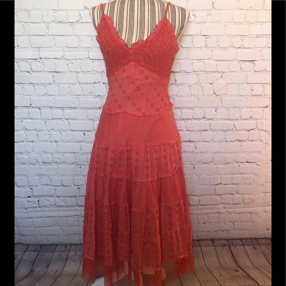 Coral Embroidered Spaghetti Straps Cotton Dress